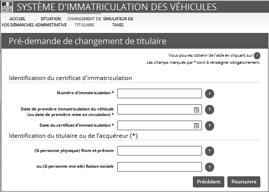 copie écran pré-demande de changement de titulaire de la carte grise