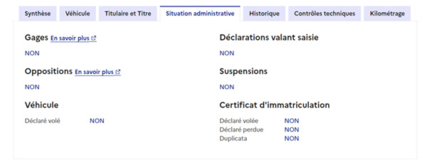 copie d'écran de l'historique de la situation administrative d'un véhicule d'occasion