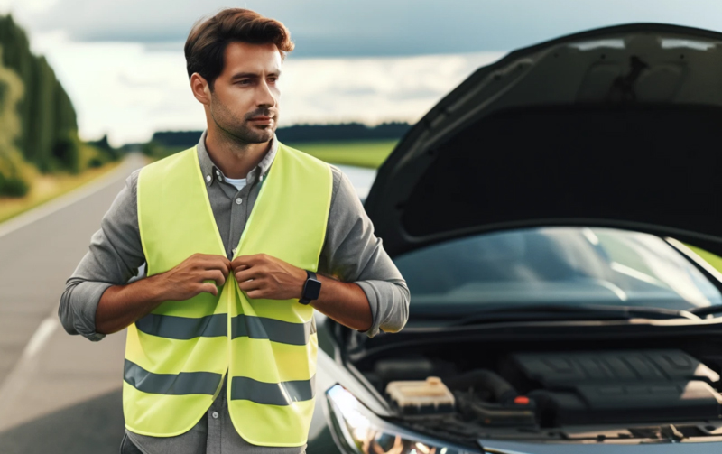 Automobiliste en panne enfilant un gilet de sécurité jaune fluo à côté de sa voiture grise sur une route de campagne en journée.