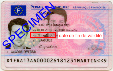 La date de fin de validité du permis français est indiquée rubrique 4B La date de fin de validité du nouveau permis de conduire français sécurisé est indiquée rubrique 4B