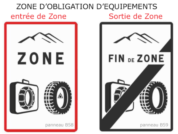 nouveaux panneaux de signalisation B58 et B59 concernant l'entrée et la sortie des zones d'équipement des véhicules en période hivernale