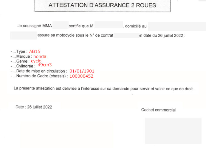exemple d'attestation délivrée par l'assurance
