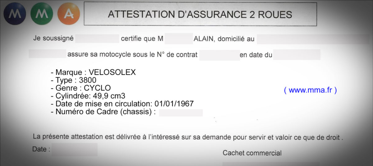 Attestation de caractéristique techniques pour Velosolex 3800 - Assurances mma - www.mma.fr - L'assureur ayant écrit marque VELOSOLEX et cylindrée 49,9 cm3, ce sont ces informations qui figureront sur la carte grise.