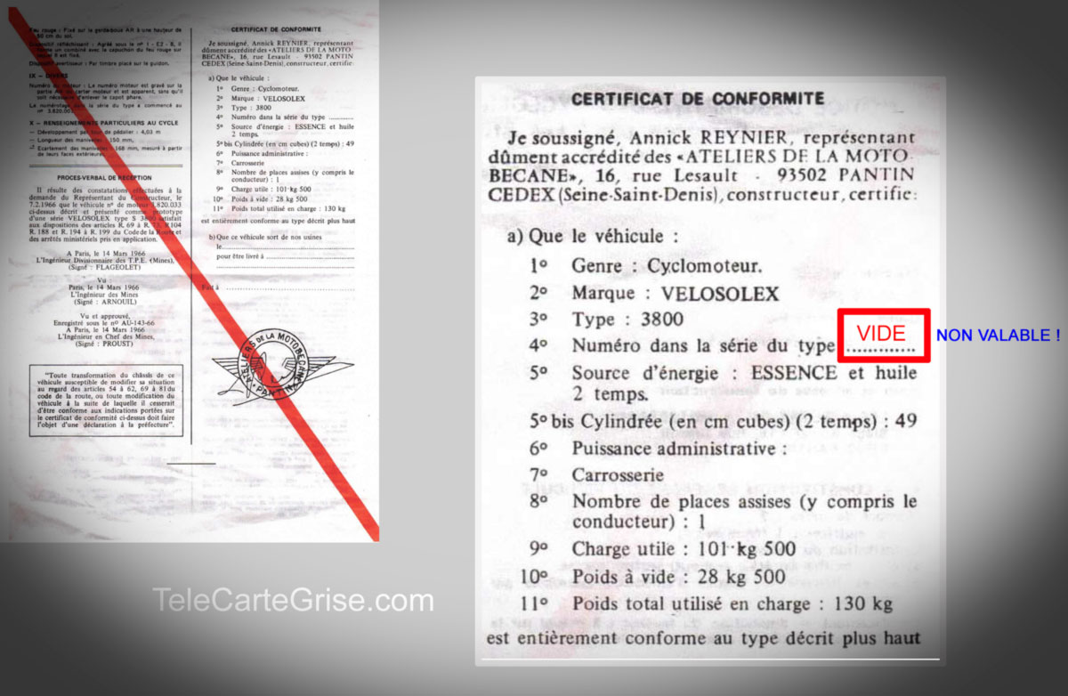 Certificat de conformité pour Velosolex 3800 - Document non valide pour immatriculer le véhicule