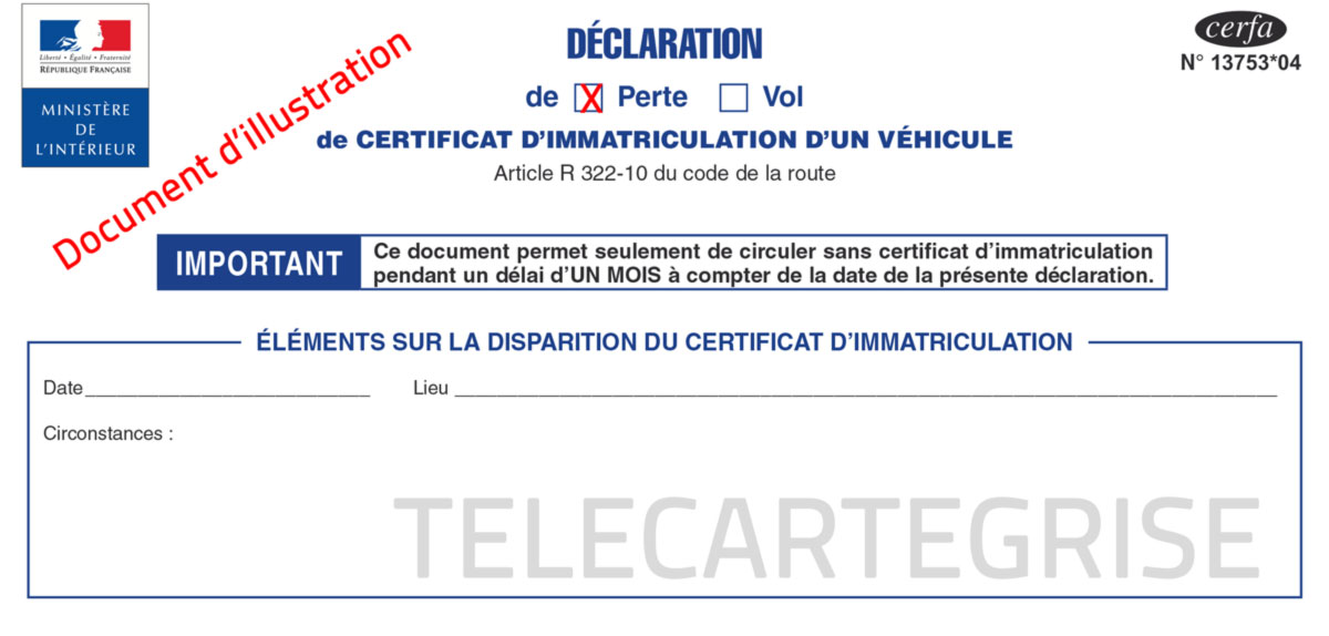 carte grise perdue - cerfa 13753 - déclaration de perte