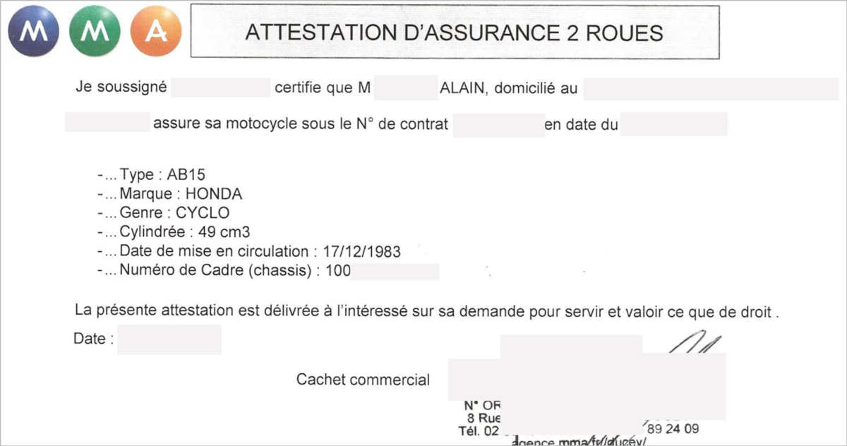 exemple d'attestation d'assurance mentionnant les caractéristiques techniques d'un cyclomoteur ancien