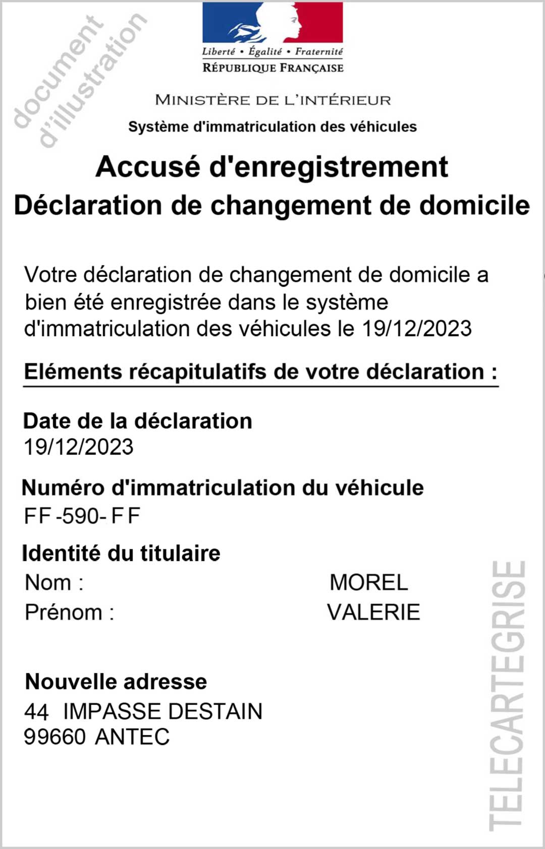 accusé d'enregistrement de cession